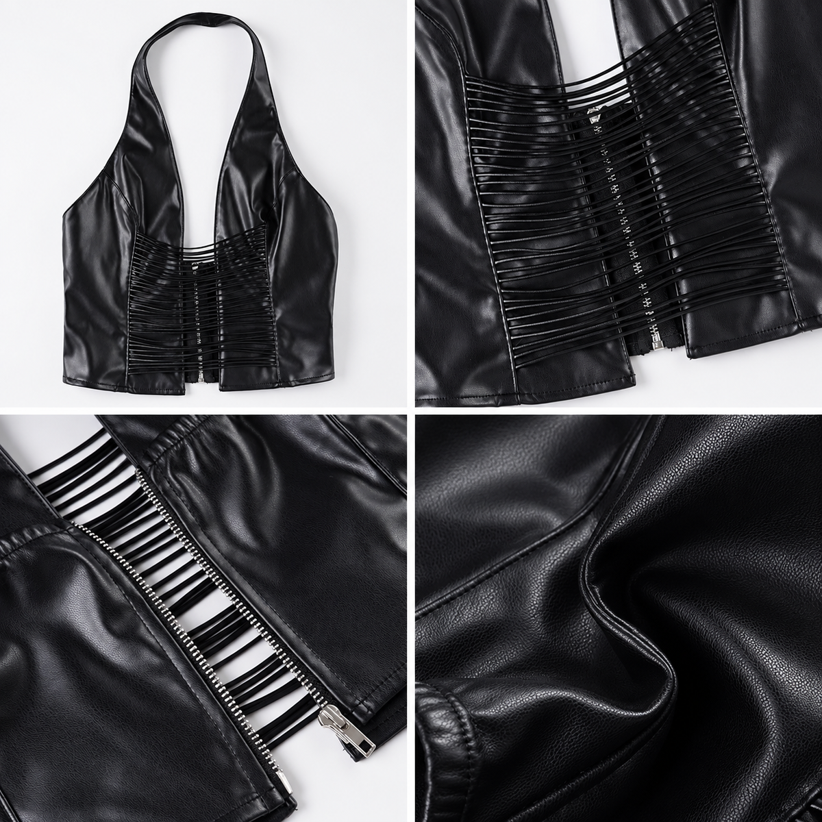 Black faux leather halter top detail collage showing strappy cutout front, zipper and leather-look texture
