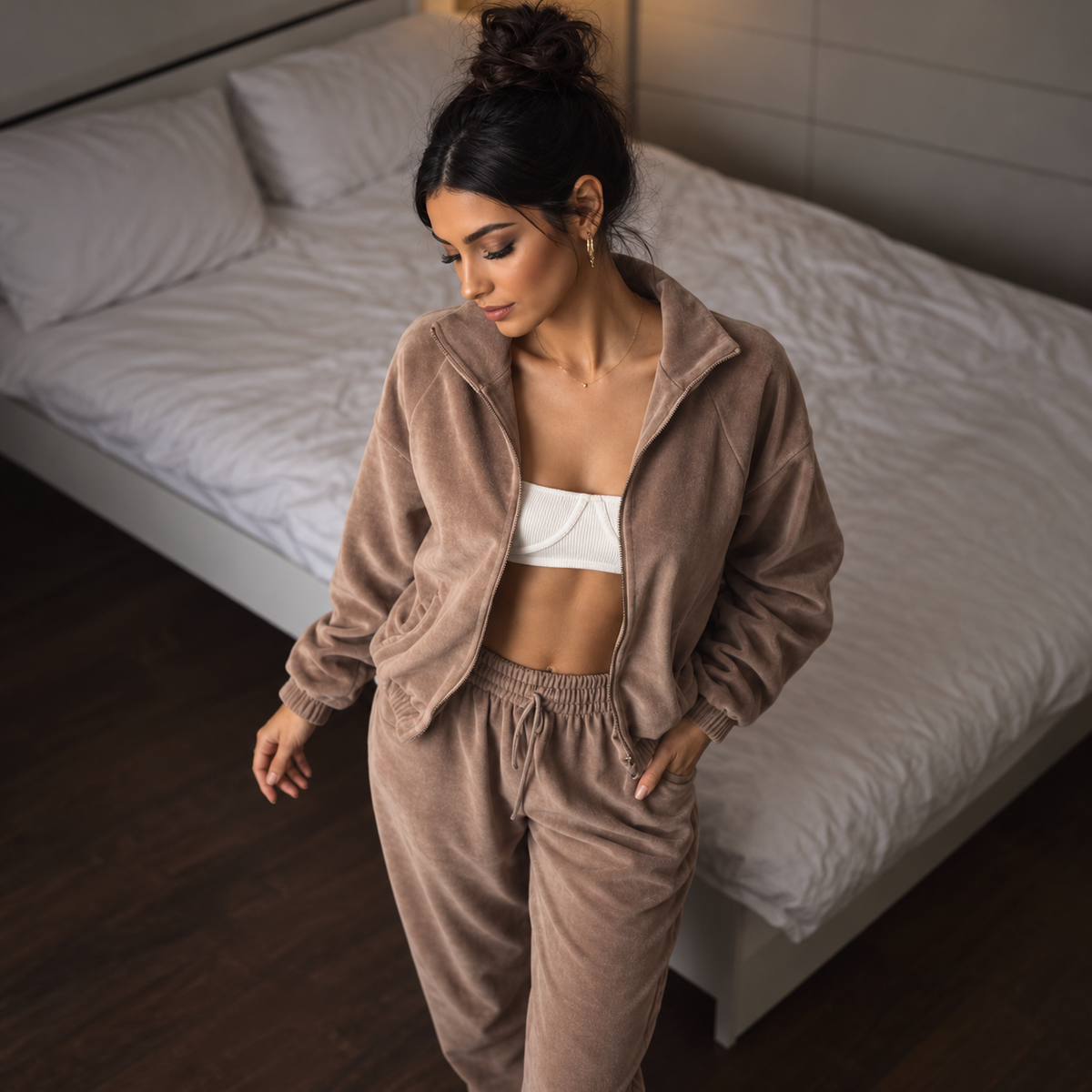 Taupe velour zip jacket and drawstring pants set styled open over a white corset-inspired crop top