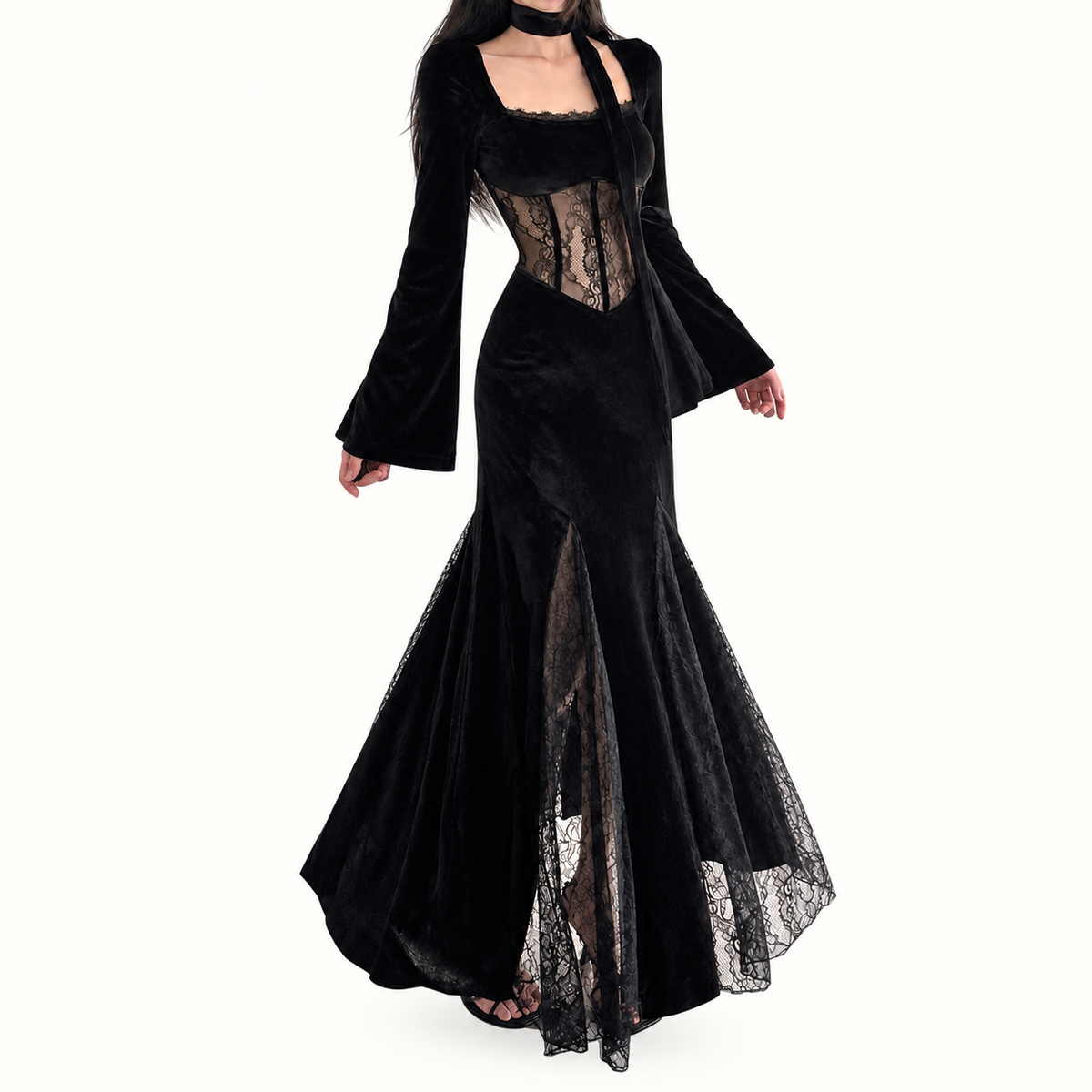 Black gothic velvet gown with sheer lace sleeves and fitted waist