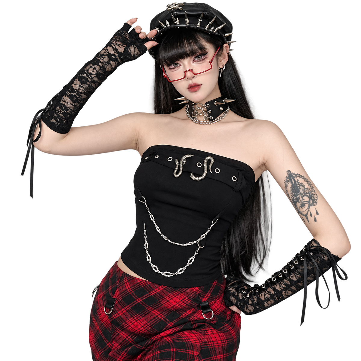 Snake buckle gothic tube top with layered chains, silver eyelets and strapless fit