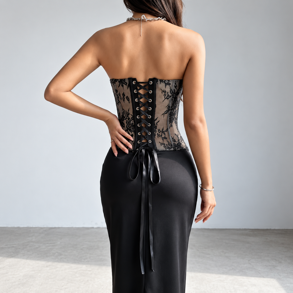 Back view of black strapless lace corset top showing sheer floral panels and satin ribbon lace-up closure