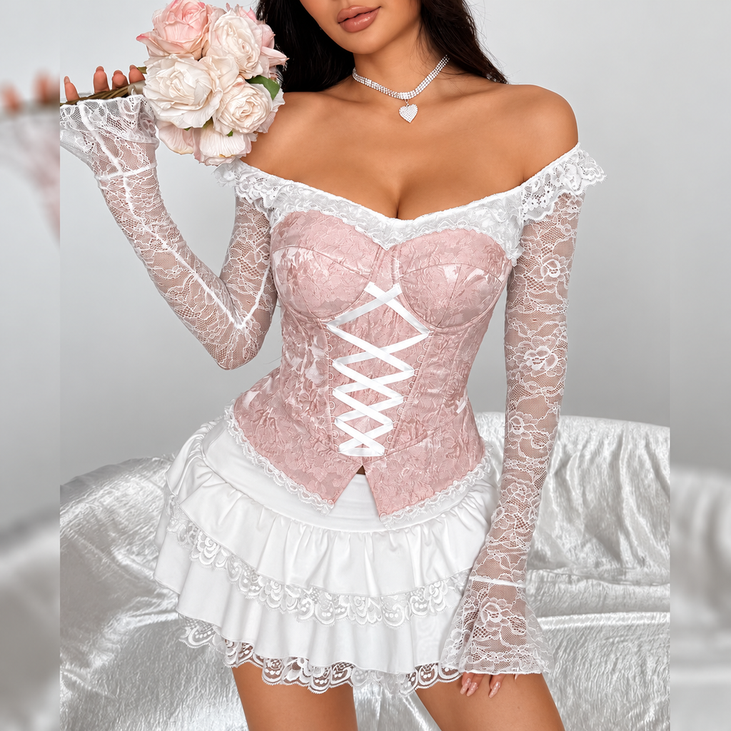 Jacquard corset top with ribbon front lacing styled with lace sleeves and a layered ruffle mini skirt