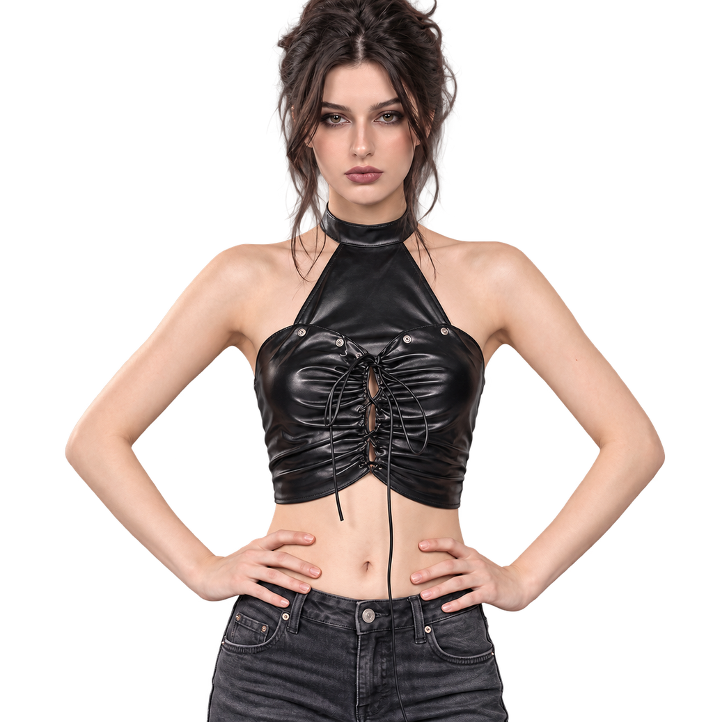 Black gothic faux leather halter crop top with lace-up front and silver grommets – alternate view 4