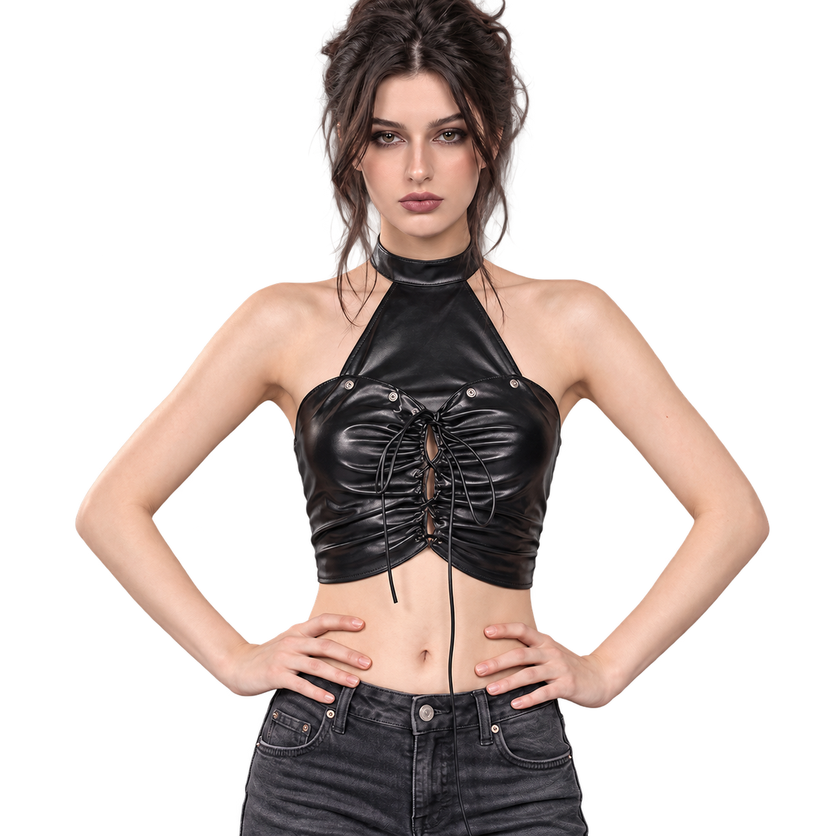 Black gothic faux leather halter crop top with lace-up front and silver grommets – alternate view 4