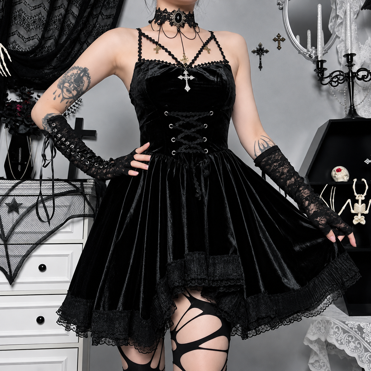 Burgundy Velvet Gothic Mini Dress – alternate view 3