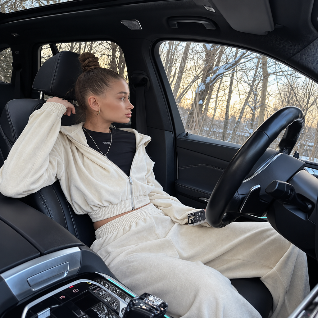 Ivory polyester tracksuit with cropped hooded jacket, elastic waist and relaxed baggy pants