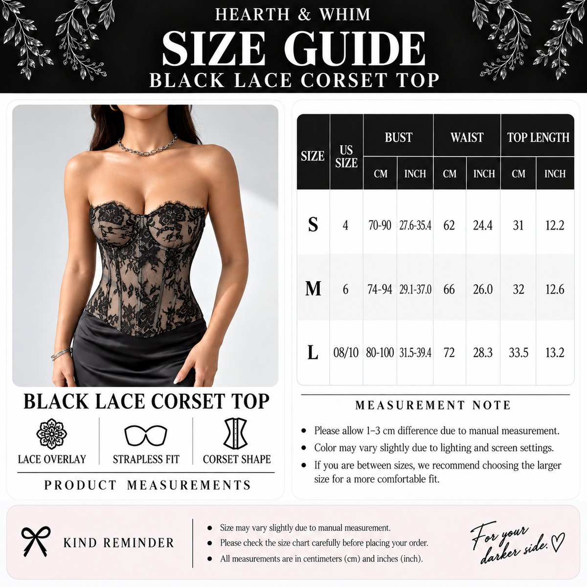 Size chart for Strapless Lace Corset Top - Sheer Longline Bustier