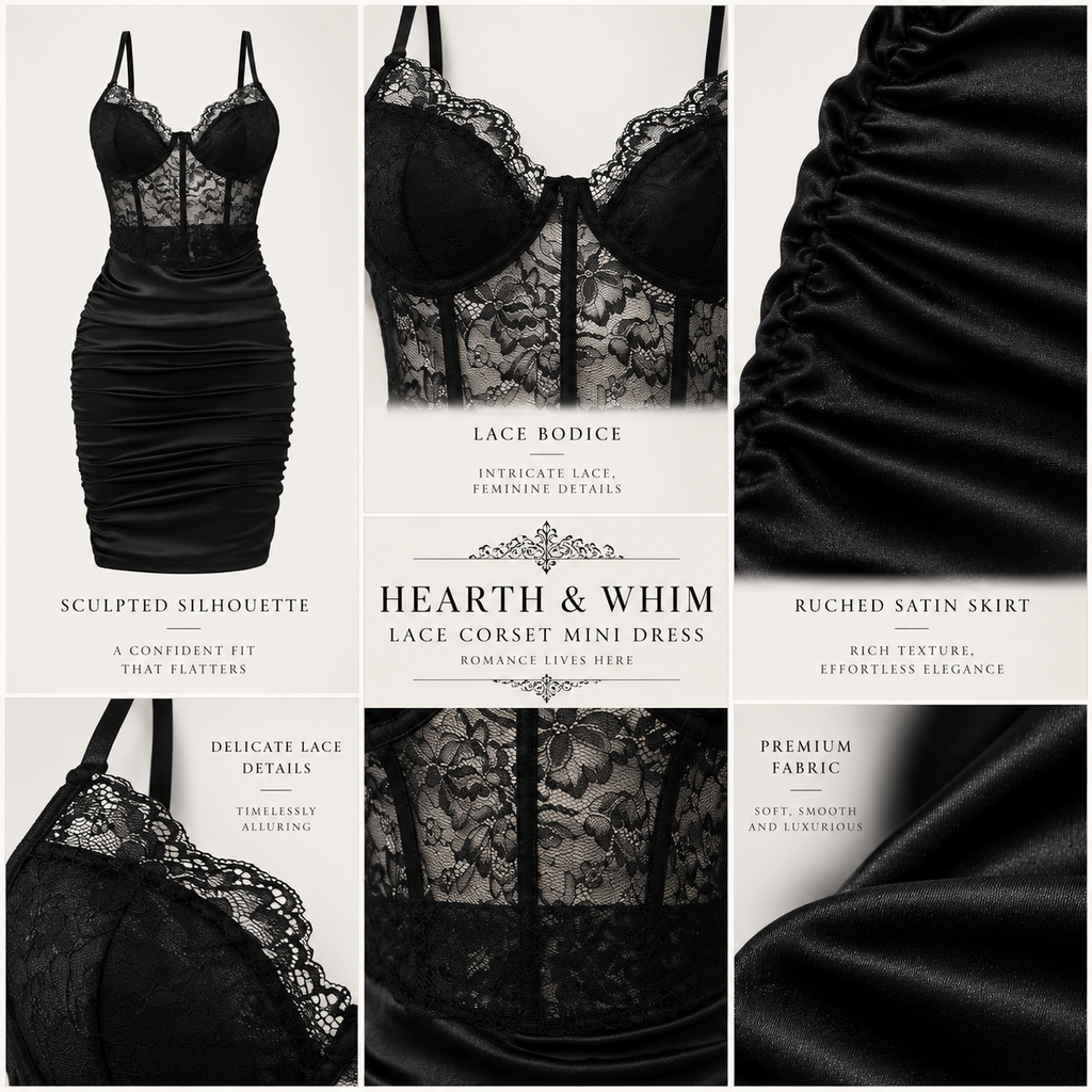 Lace corset mini dress detail collage showing floral lace bodice, structured cups, ruched skirt and smooth fabric texture
