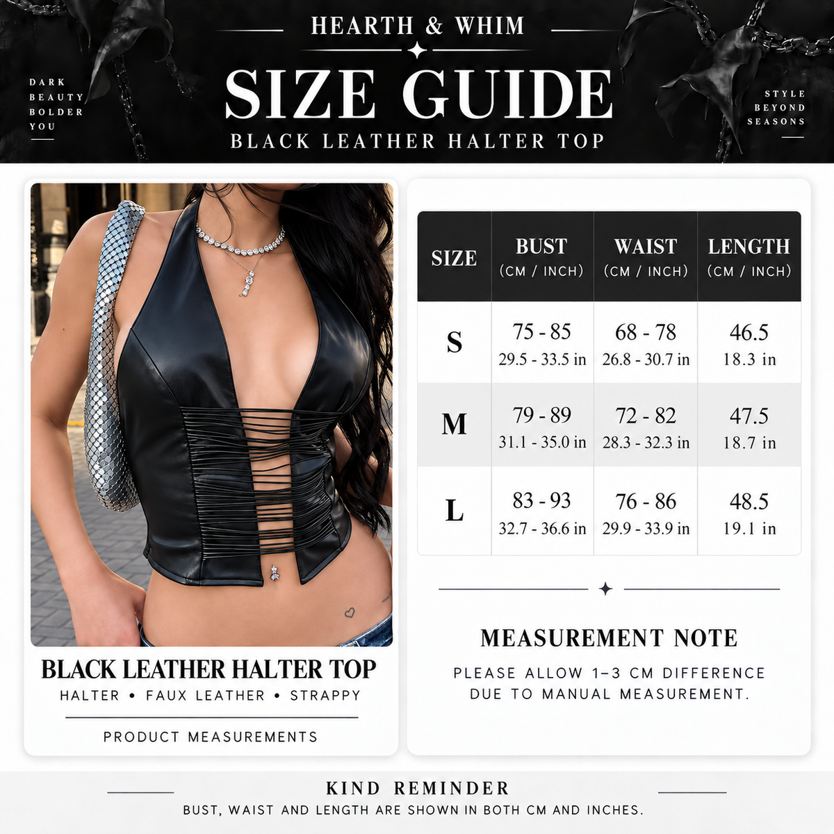 Size chart for Black Strappy Faux Leather Halter Top