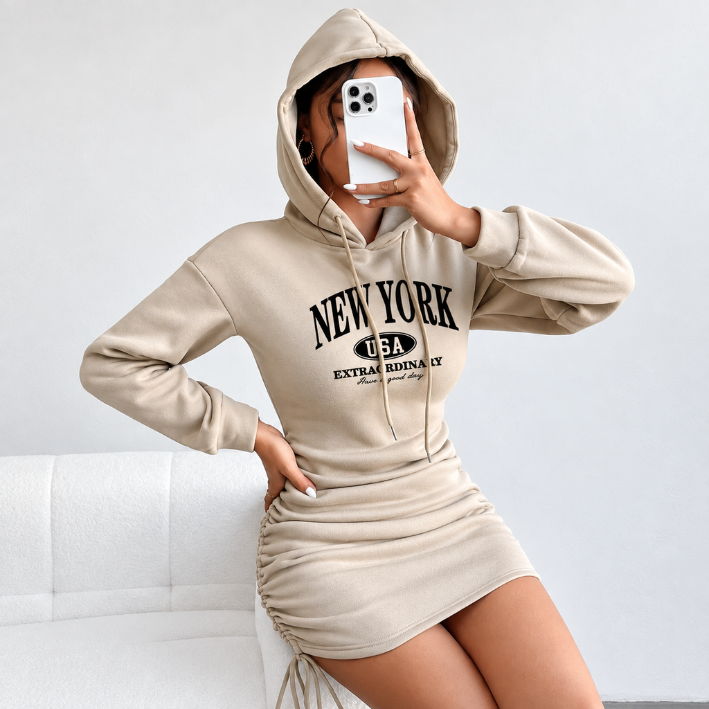 Long sleeve hooded mini dress with New York graphic and gathered drawstring skirt