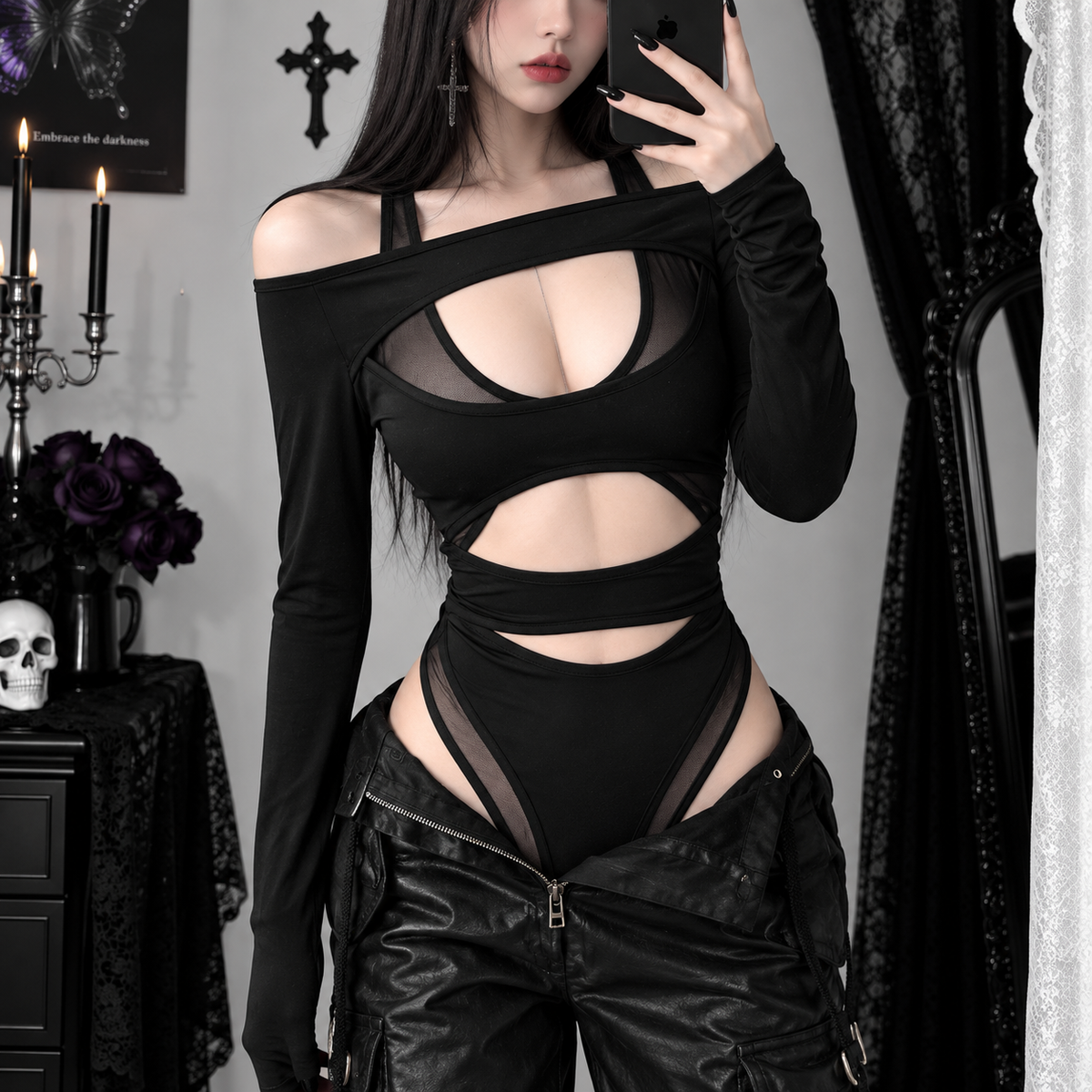 Black Mesh Cutout Bodysuit – product view