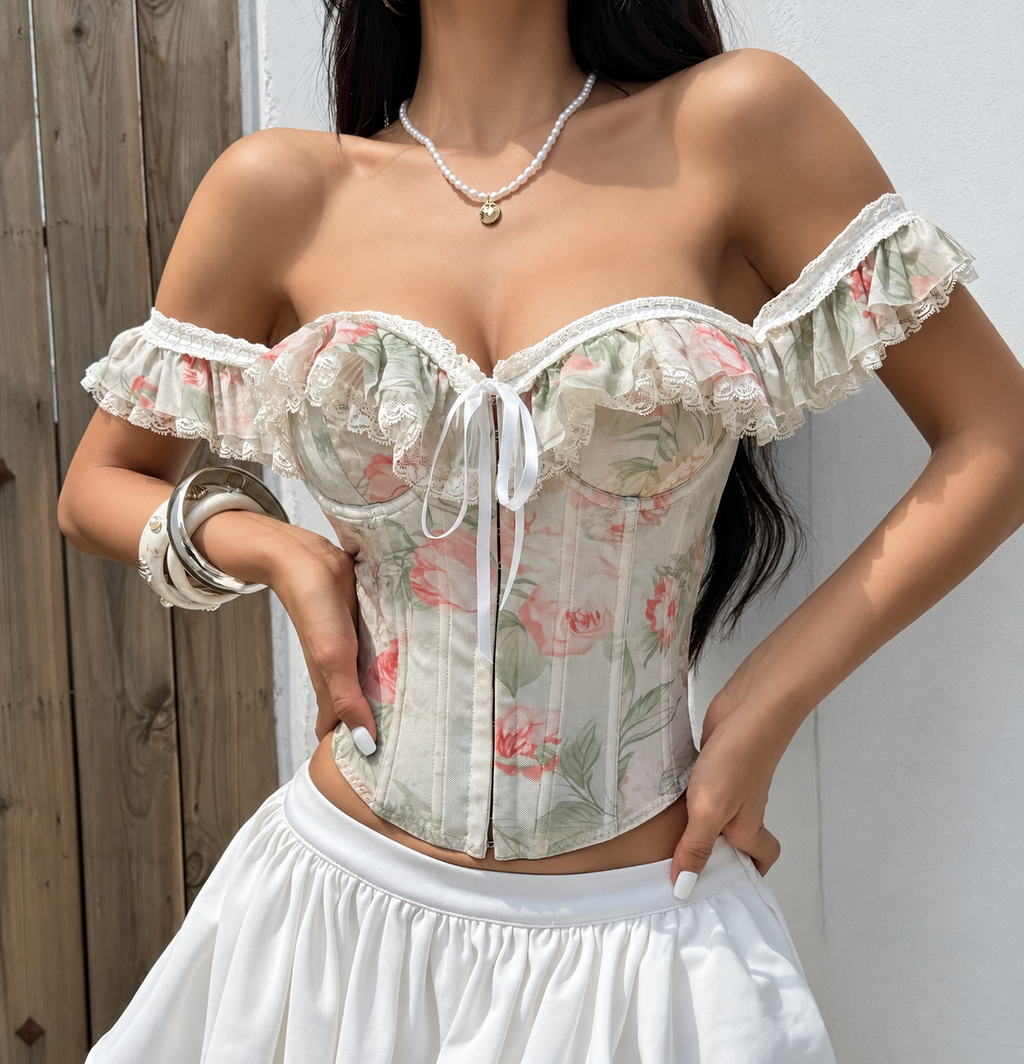 Close-up floral ruffle corset top with lace-trimmed neckline and romantic rose print