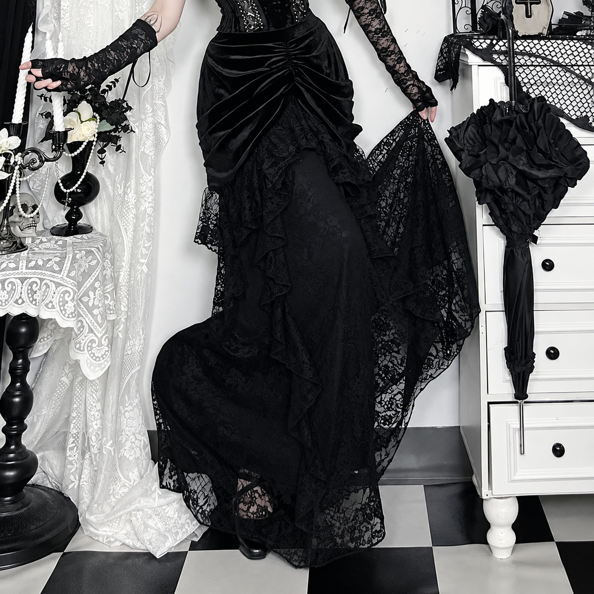 Black Gothic Velvet Lace Maxi Skirt – alternate view 2
