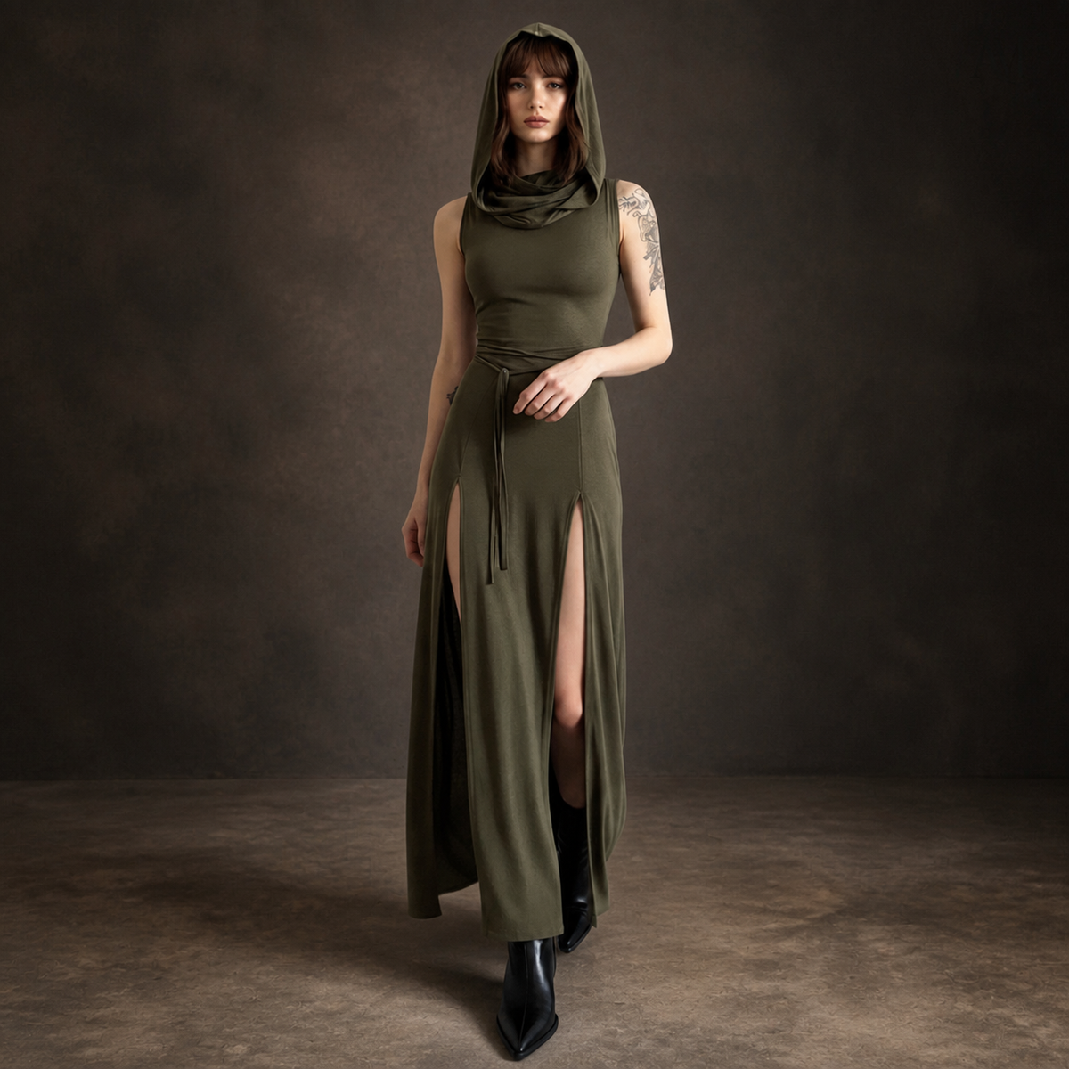 Army green gothic hooded maxi dress with draped neckline