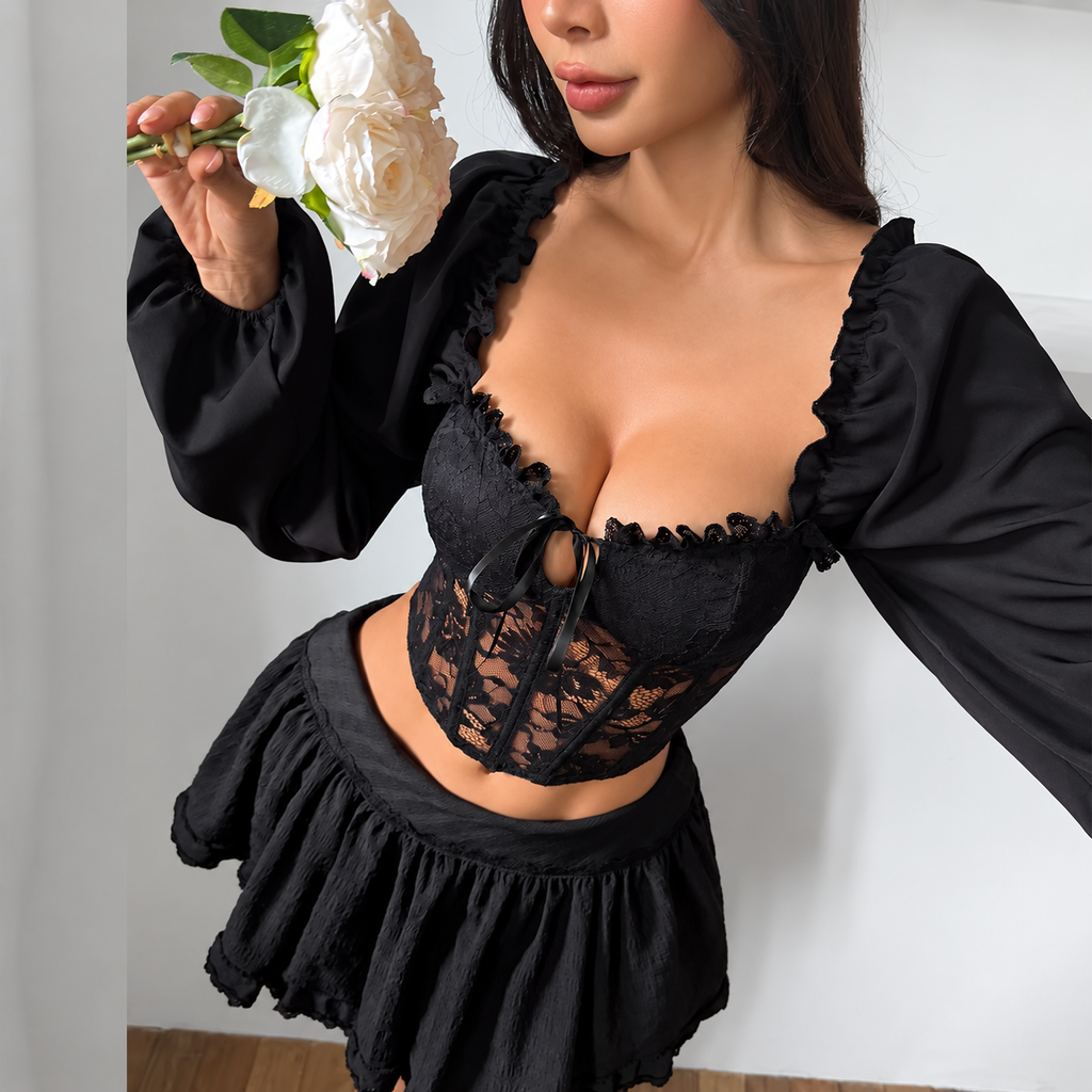 Romantic lace corset top with ruffled neckline sheer bodice and voluminous sleeves