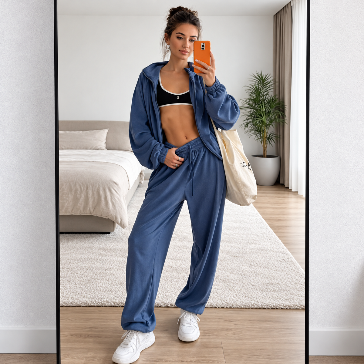 Blue velour lounge set with zip jacket, relaxed drawstring pants and white sneakers
