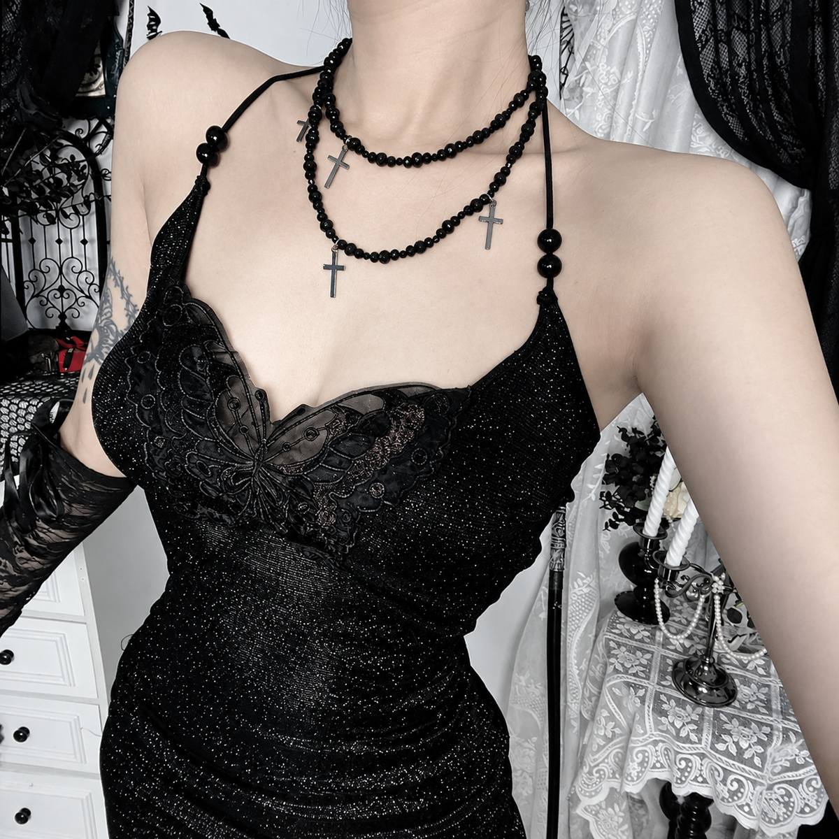 Black Gothic Butterfly Lace Maxi Dress – alternate view 2