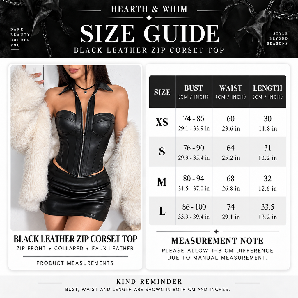 HEARTH & WHIM size guide for black faux leather zip corset top in sizes XS to L