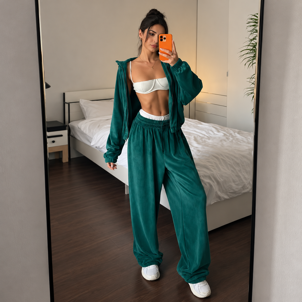 Teal velour zip jacket and relaxed pants matching set styled with a white crop top and sneakers
