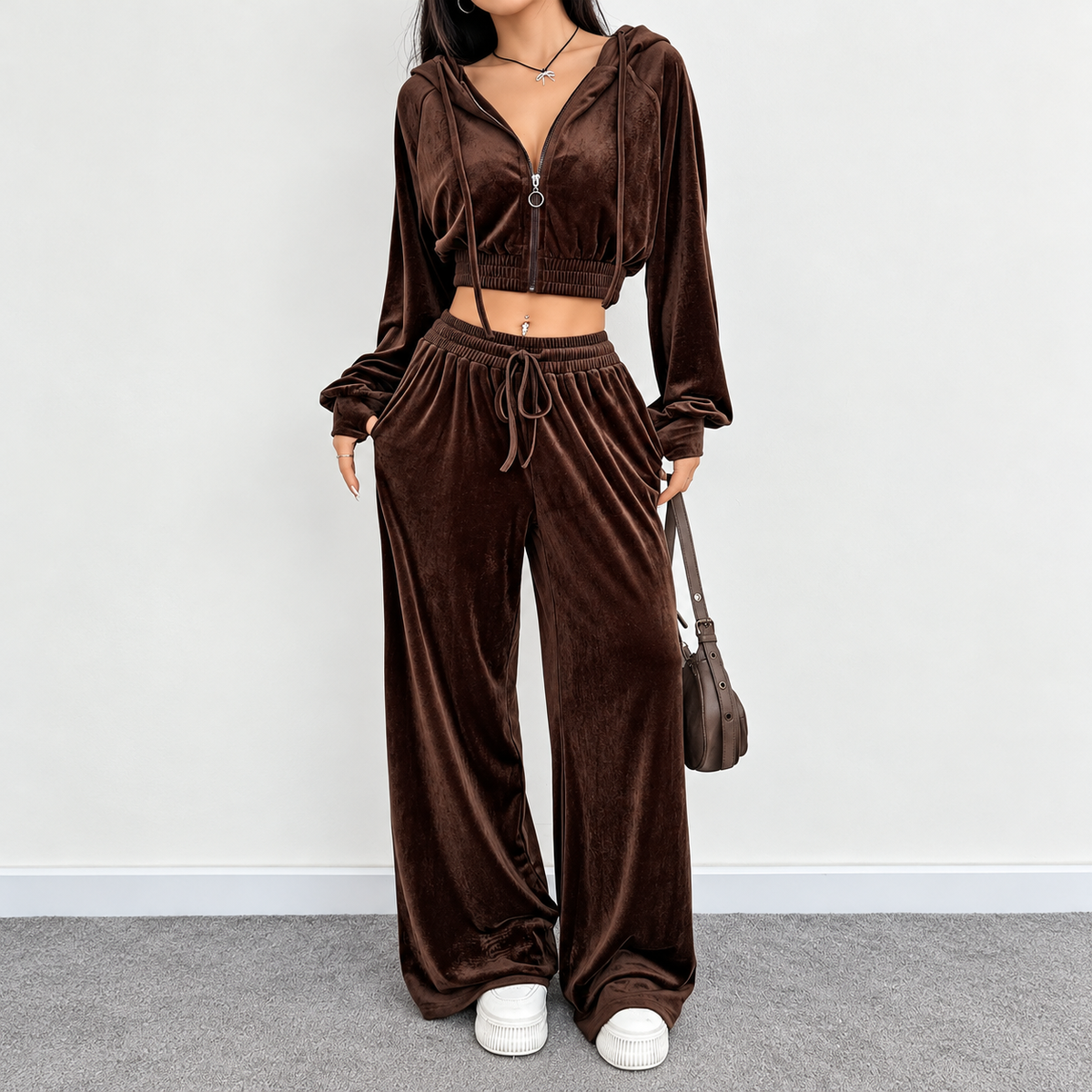 Chocolate brown velour tracksuit set with cropped zip hoodie, elastic waist and wide-leg pants