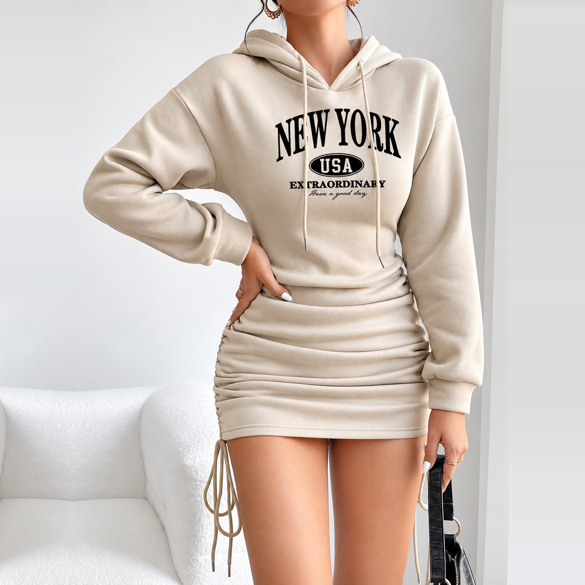 New York hoodie dress with ruched mini silhouette and side drawstring ties