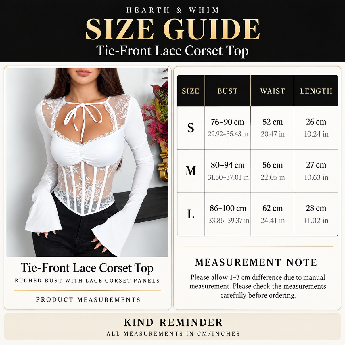 Size chart for Tie-Front Lace Corset Top with Bell Sleeves