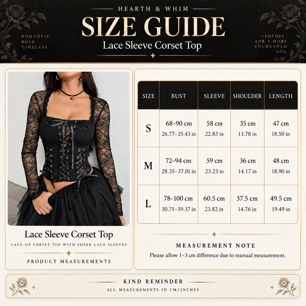 Gothic lace sleeve corset top size guide with S to L bust, waist, length and sleeve measurements
