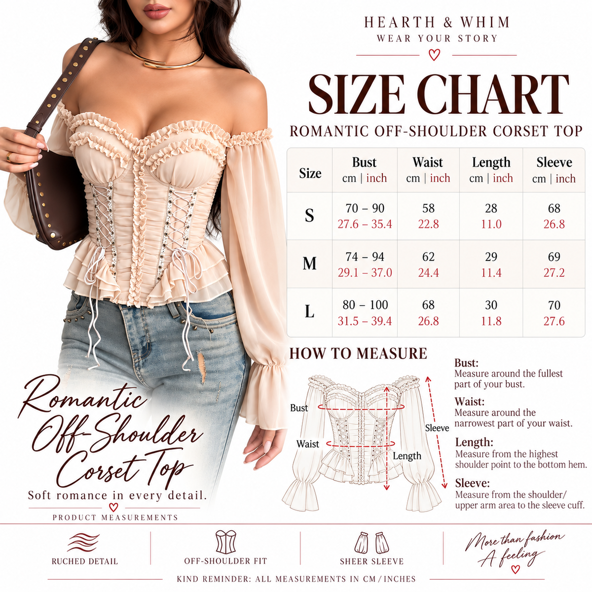 HEARTH & WHIM Champagne Ruched Off-Shoulder Corset Top size chart with bust, waist, length and sleeve measurements in cm and inches