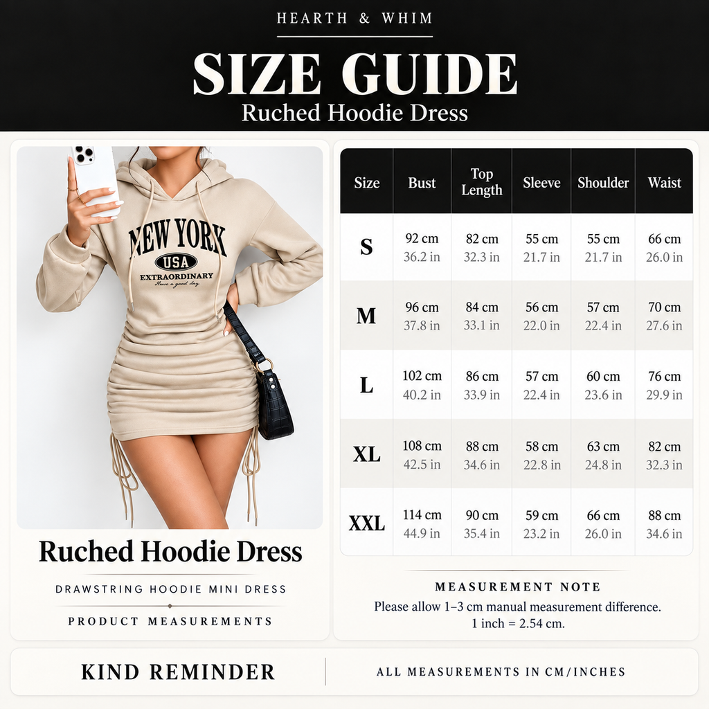 New York ruched hoodie mini dress size guide with bust waist sleeve shoulder and length measurements