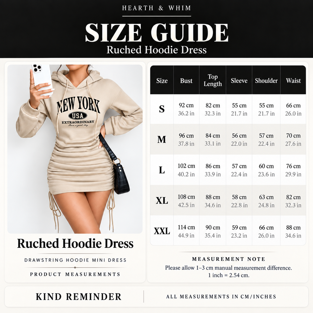 New York ruched hoodie mini dress size guide with bust waist sleeve shoulder and length measurements