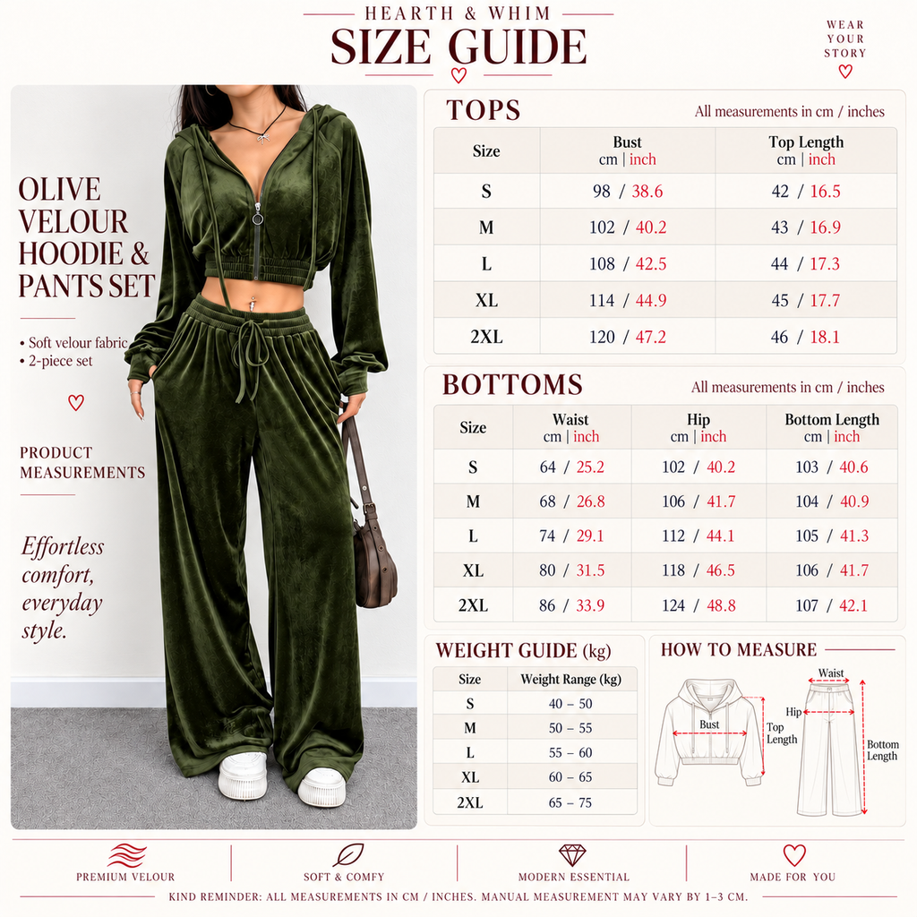 HEARTH & WHIM velour cropped hoodie and wide-leg pants set size guide with top and bottom measurements in cm and inches