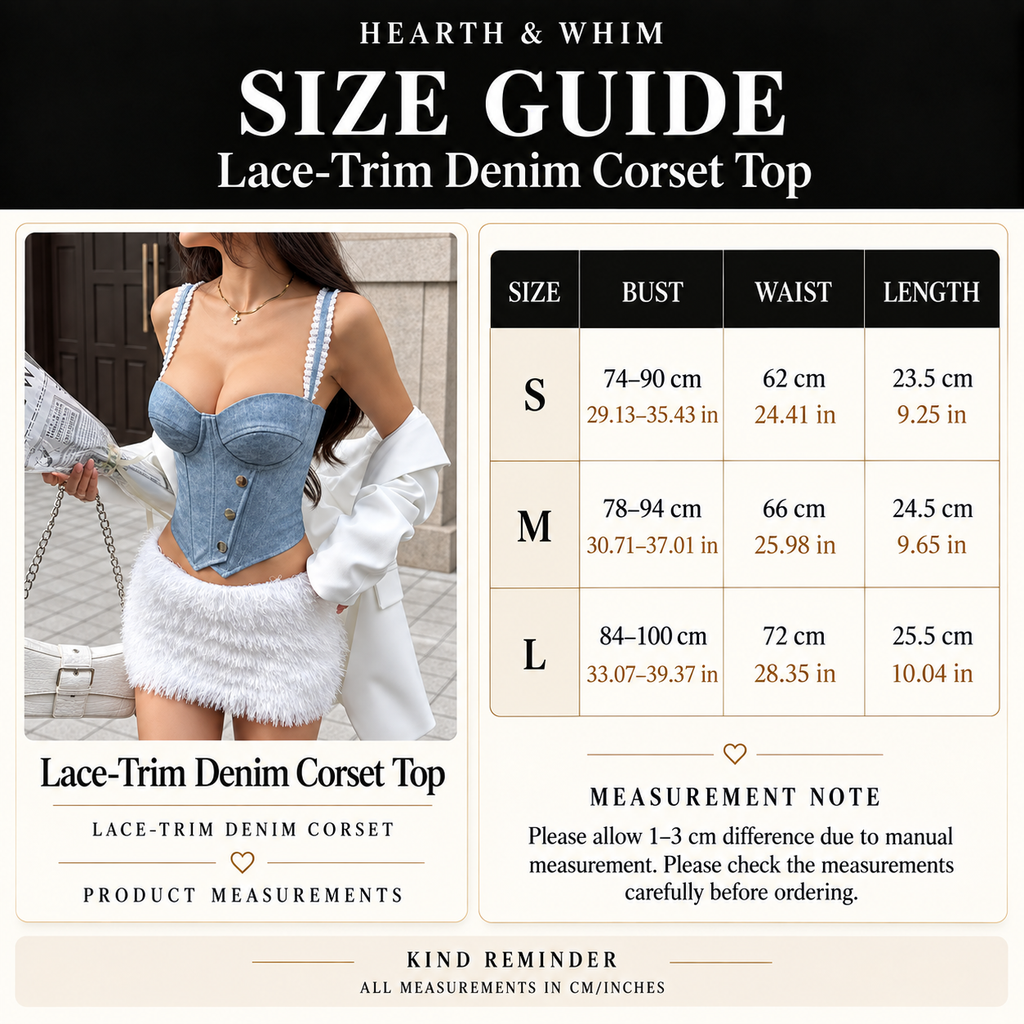 Denim corset top size guide showing bust, waist and length measurements in cm and inches