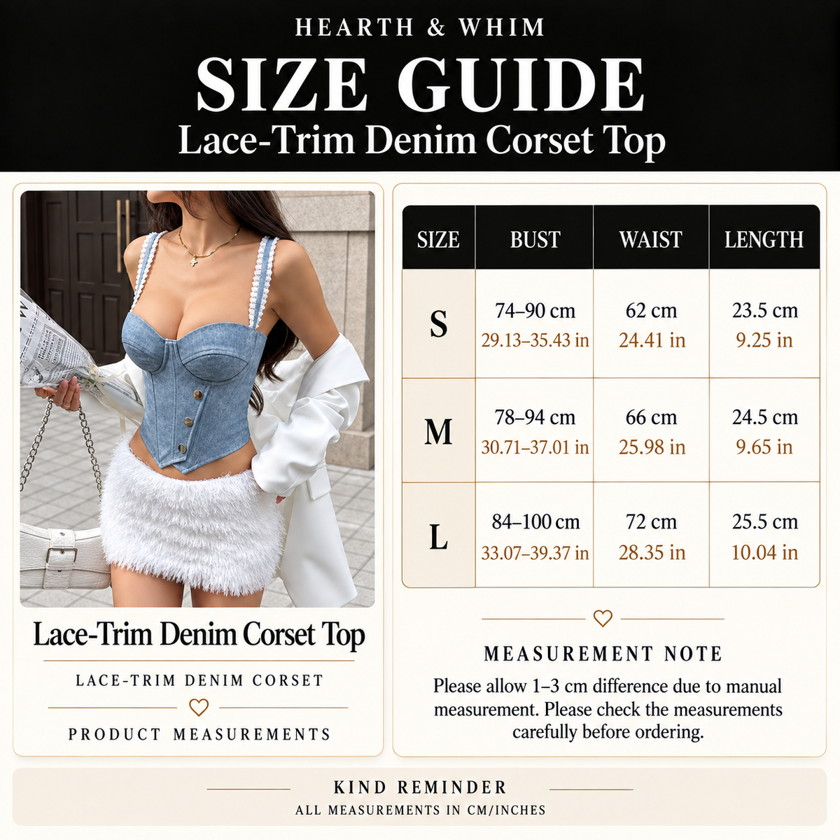 Size chart for Denim Corset Top with Lace - Trim Straps & Button Detail