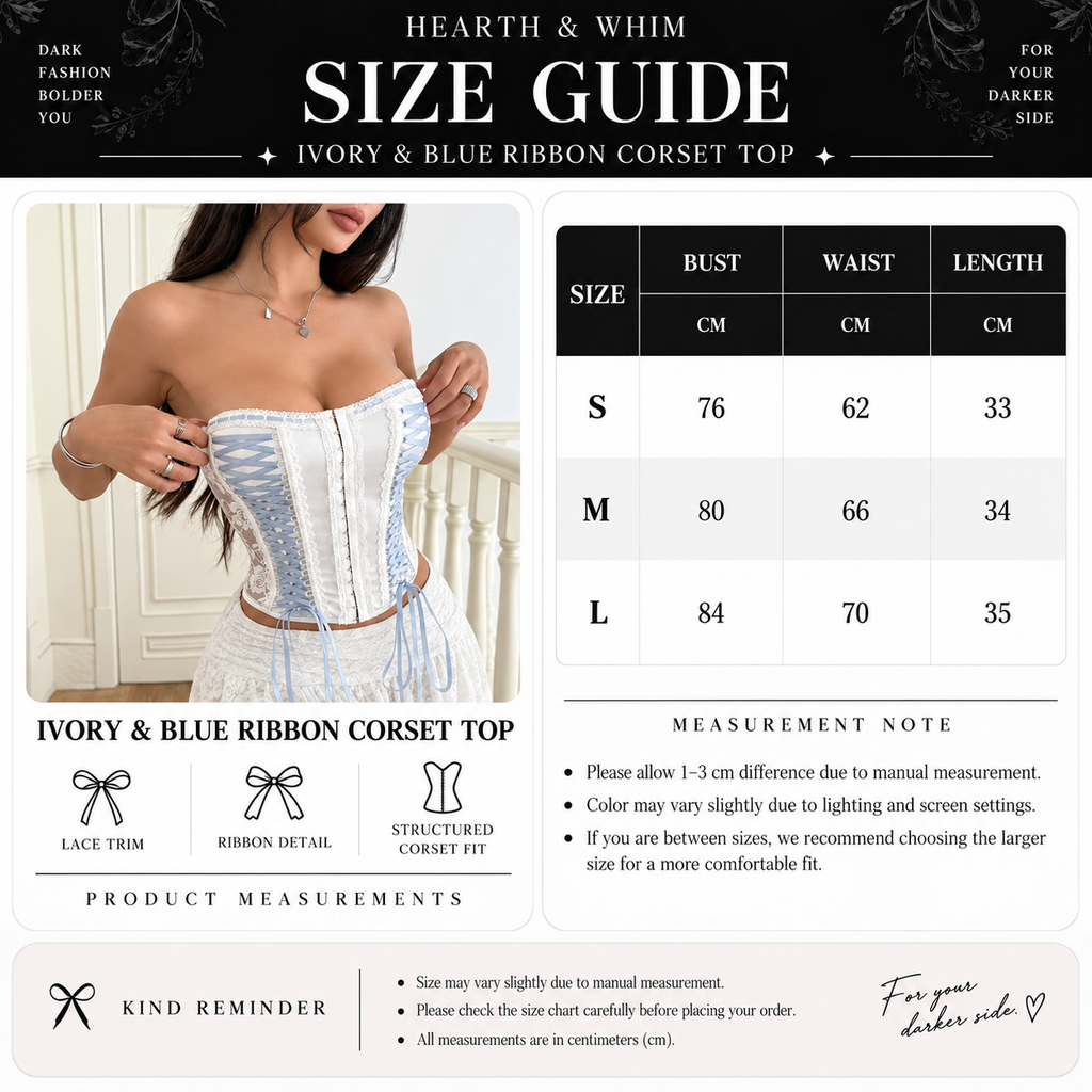 White and blue ribbon corset top size guide with S, M and L bust, waist and length measurements