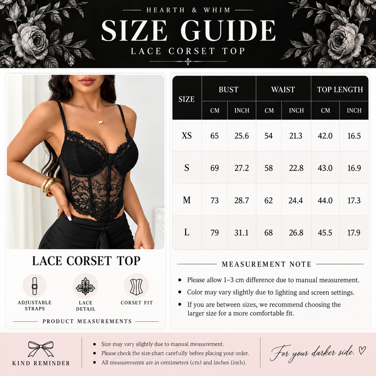 Size chart for Underwire Lace Corset Top - Adjustable Strap Bustier
