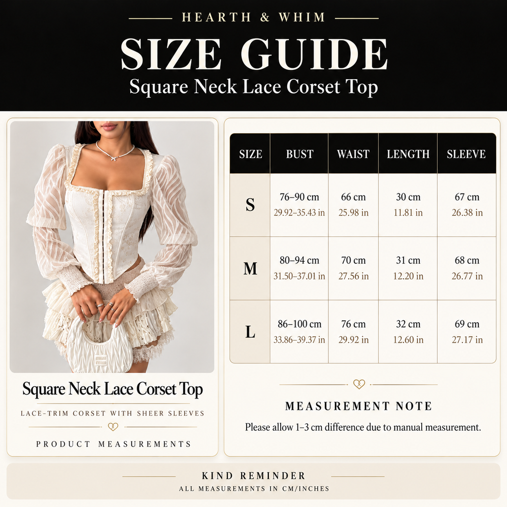 Square neck lace corset top size guide showing S to L bust, waist, length and sleeve measurements
