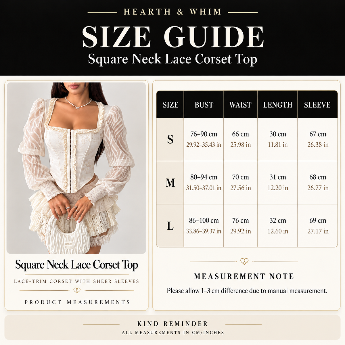 Square neck lace corset top size guide showing S to L bust, waist, length and sleeve measurements