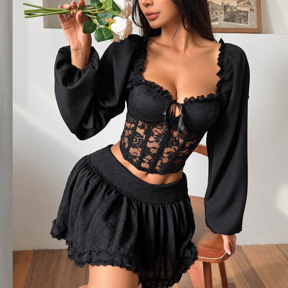 Long sleeve gothic corset top with floral lace panels and ruffled bust trim