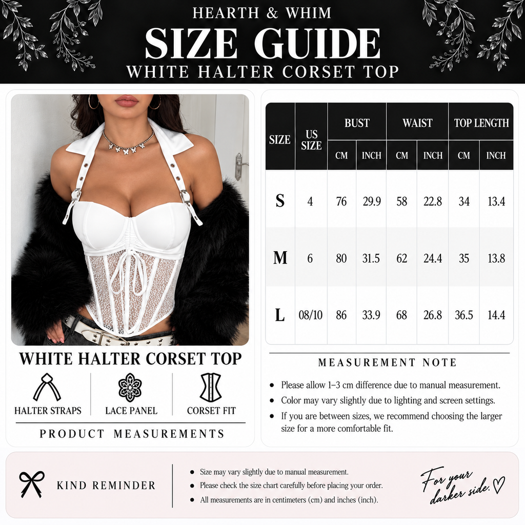 Sheer lace halter corset top size guide with S, M and L bust, waist and top length measurements in centimeters and inches