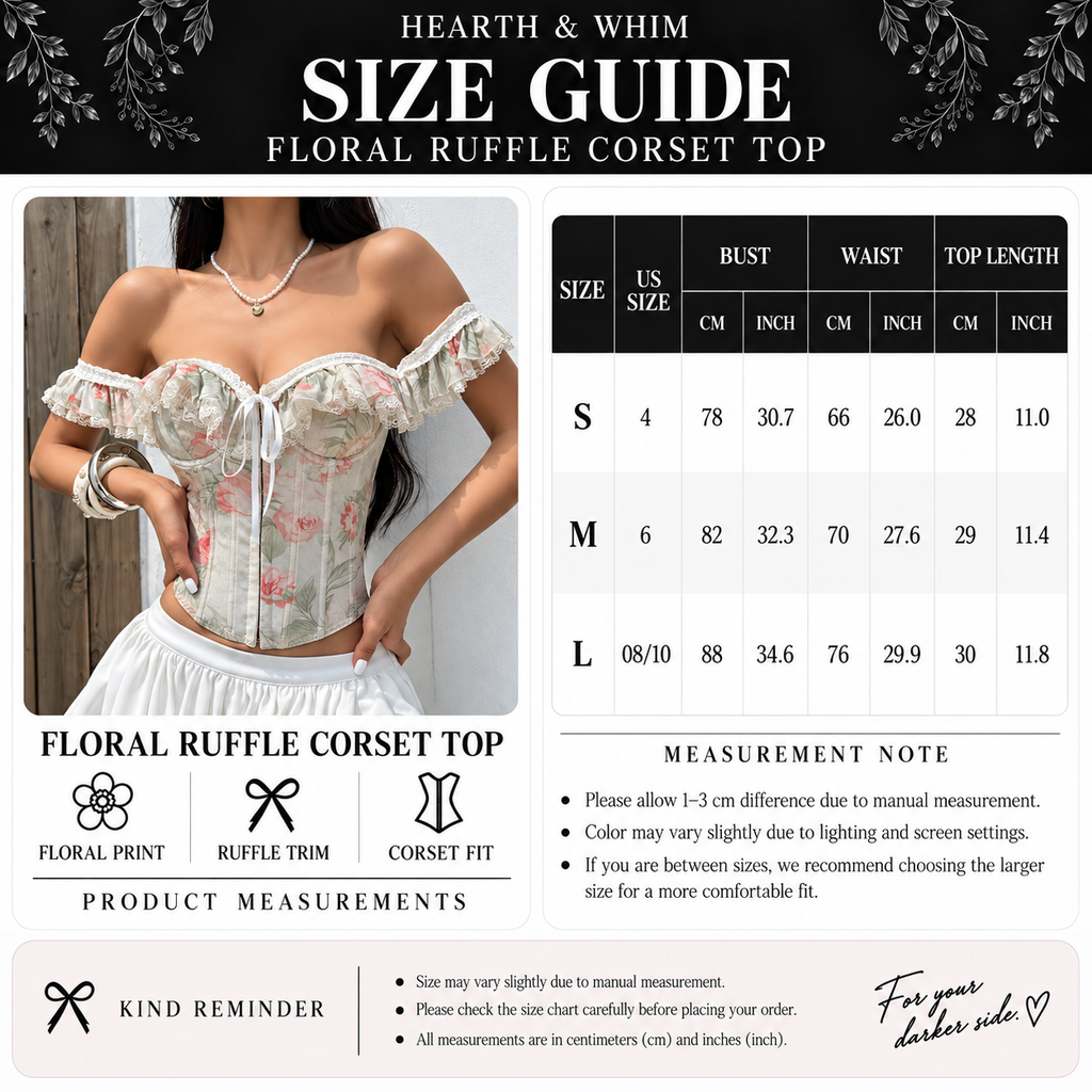 Floral ruffle corset top size guide with S, M and L bust, waist and top length measurements in centimeters and inches