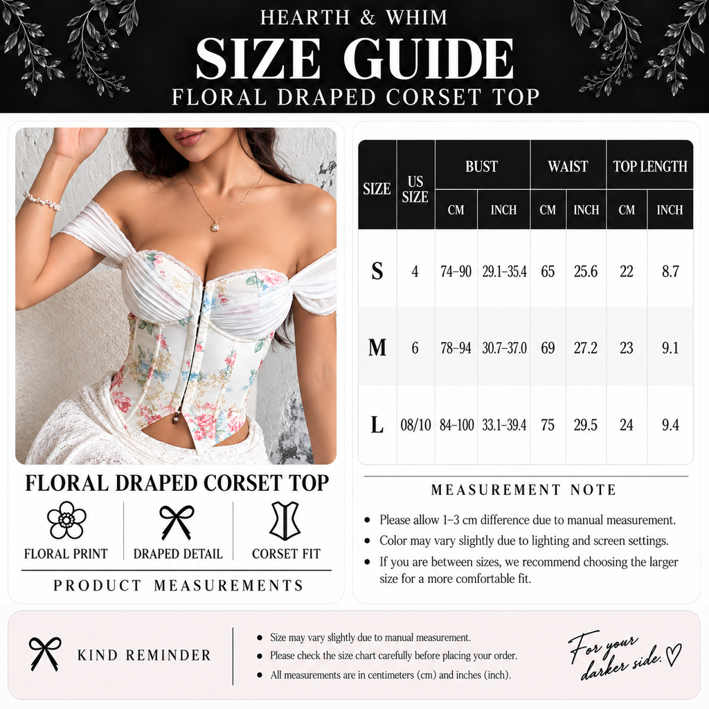 Floral draped corset top size guide with S, M and L bust, waist and top length measurements in centimeters and inches