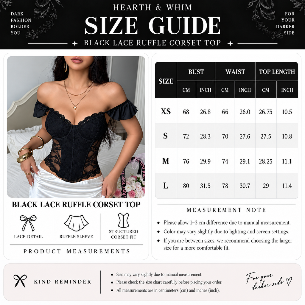 Black lace ruffle corset top size guide with XS, S, M and L bust, waist and top length measurements in centimeters and inches
