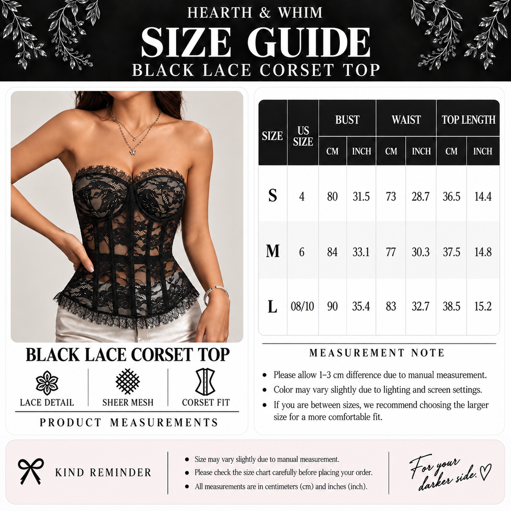 Lace bustier corset top size guide for S, M and L with bust, waist and top length measurements in centimeters and inches
