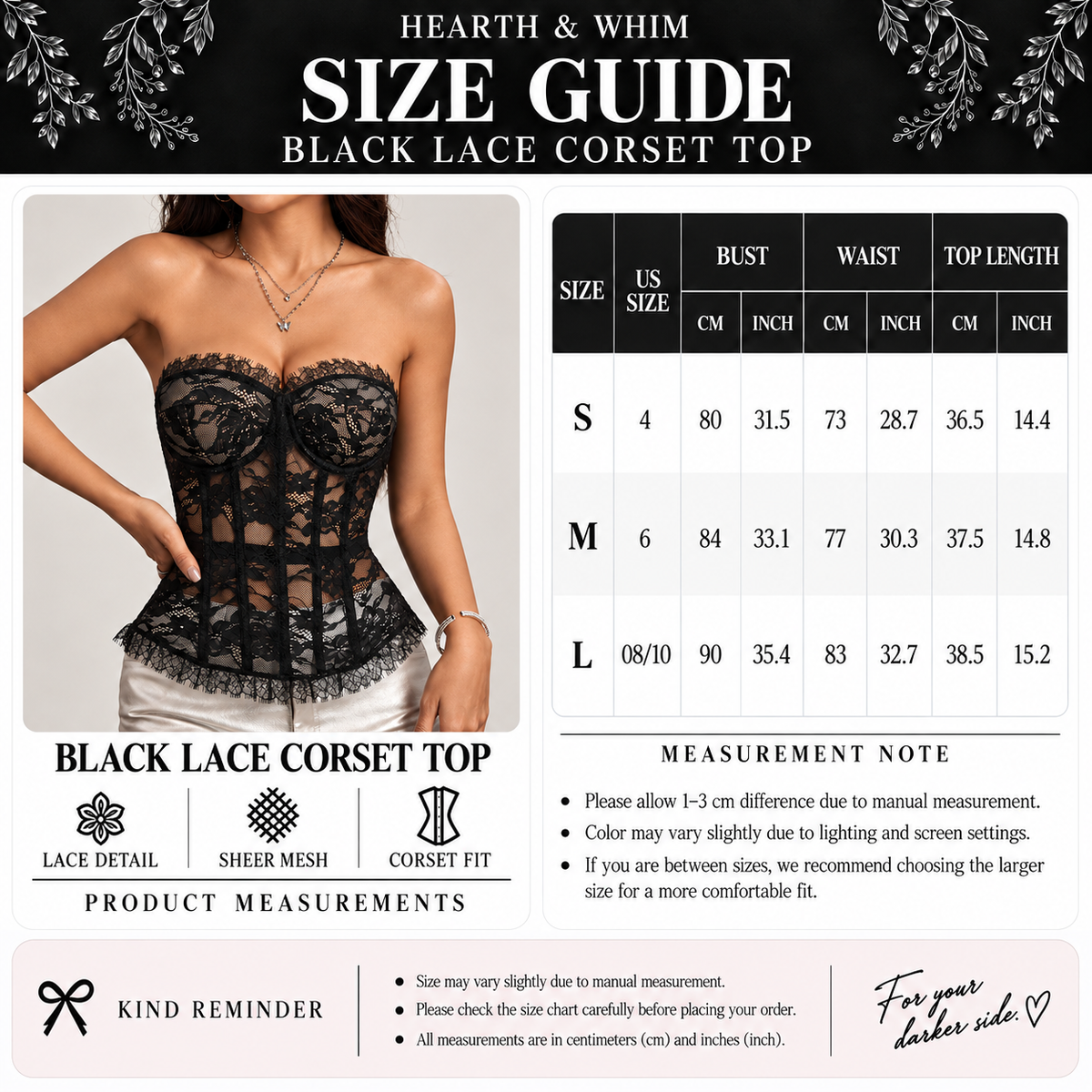 Size chart for Lace Bustier Corset Top - Balconette Sheer Bodice
