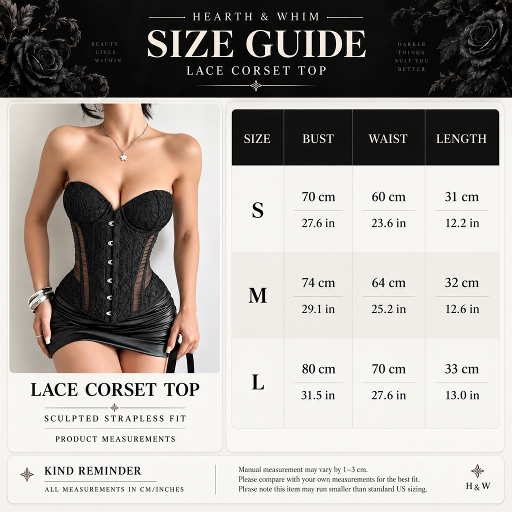 Sheer panel lace corset top size guide showing S to L bust, waist and length measurements in cm and inches