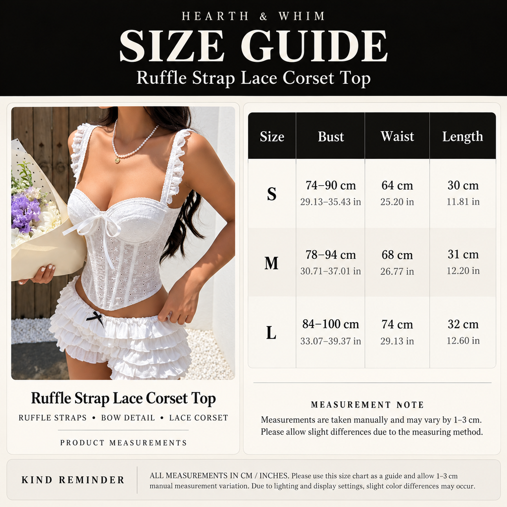 Ruffle strap eyelet corset top size guide showing S to L bust, waist and length measurements in cm and inches