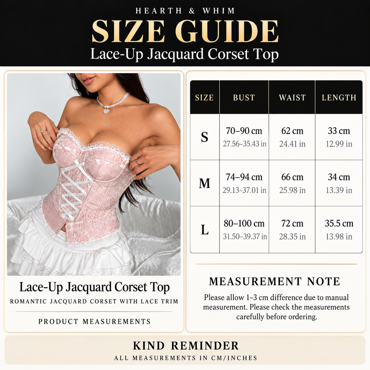 Size chart for Lace-Up Jacquard Corset Top - Strapless Bustier