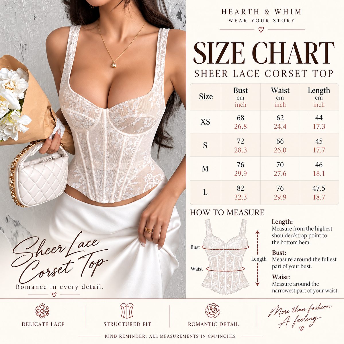 Sheer lace corset tank top size chart with XS S M L bust waist and length measurements in cm and inches