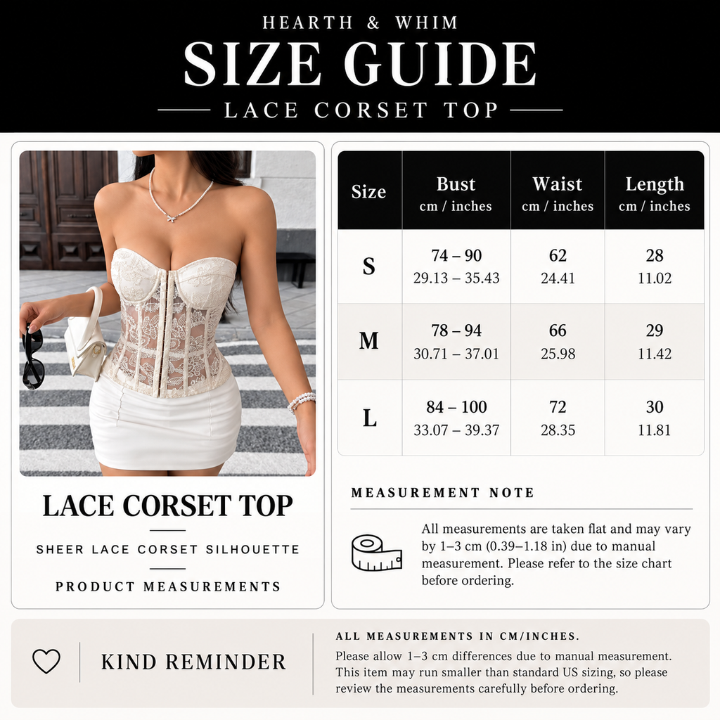 Sheer lace hook-front bustier top size guide for S, M and L with bust, waist and length measurements