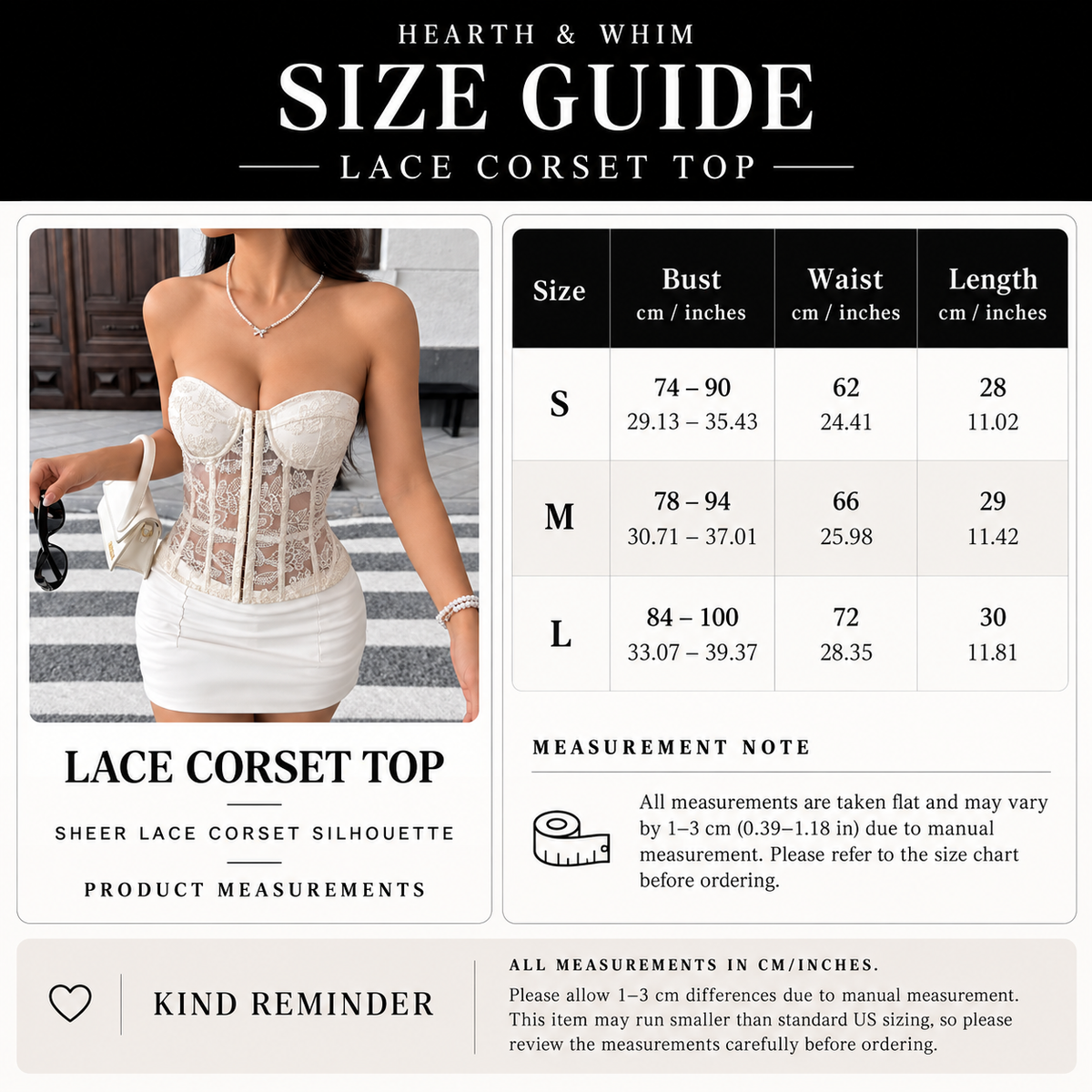 Sheer lace hook-front bustier top size guide for S, M and L with bust, waist and length measurements